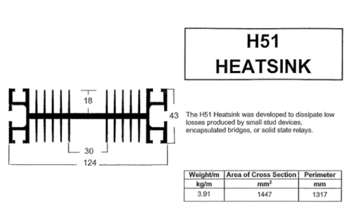 H51 Heatsink for Thyristor modules, SSR, Stud Diodes, 124x43mm 100-3000mm length